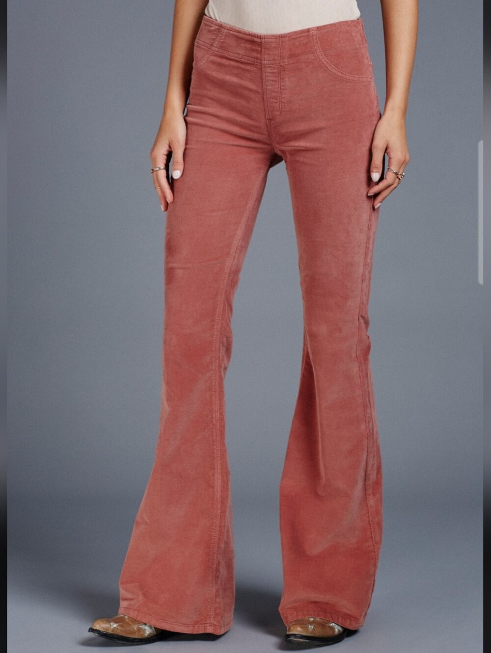 Free People Boho Retro High Waist Penny Pull-On Flare Leg Rosie Pink Sz 26